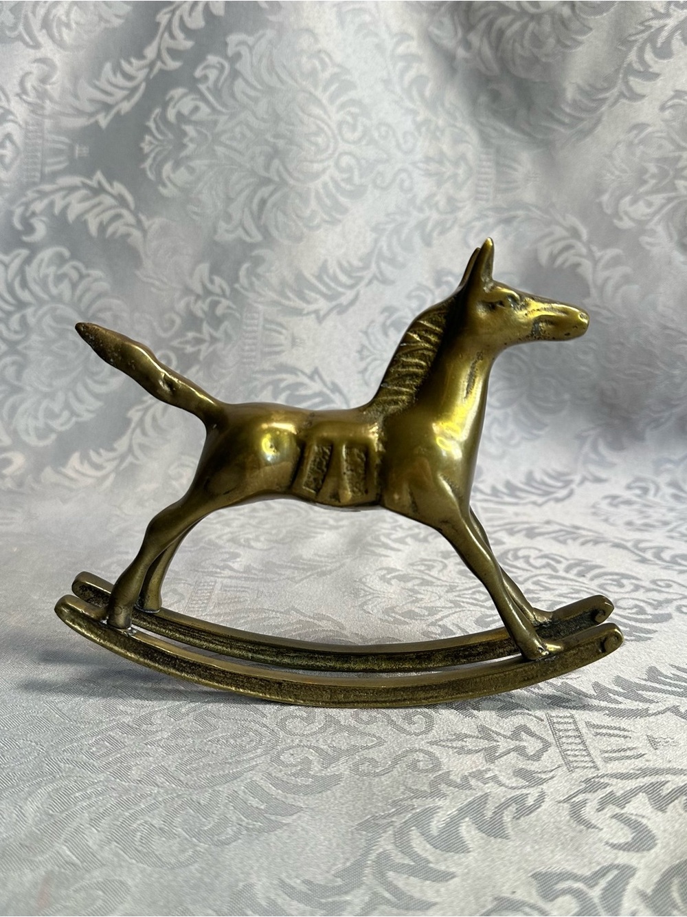 Vintage Rocking Horse Solid Brass Figurine 7” Nursery baby